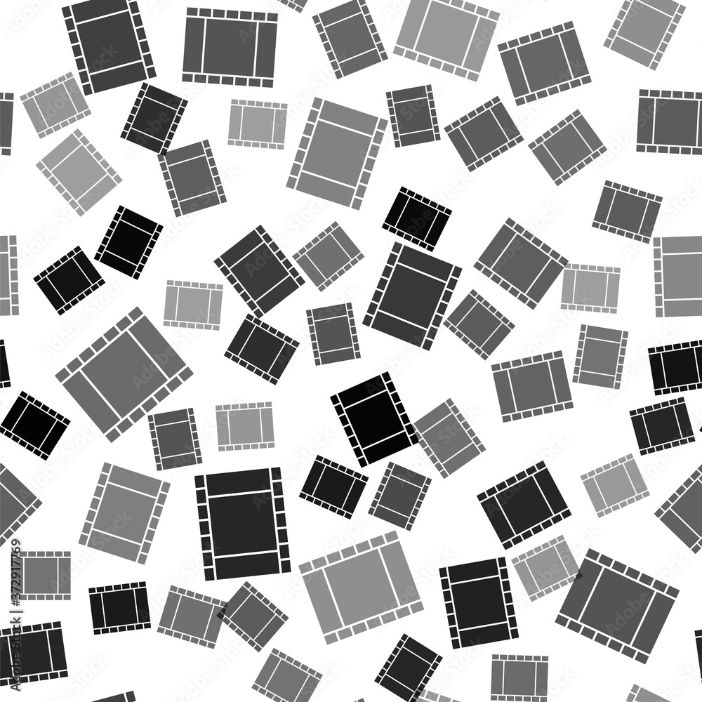 Black Play Video icon isolated seamless pattern on white background. Film strip sign. Vector Illustration.