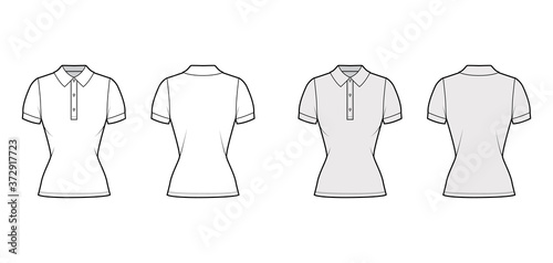 Polo shirt technical fashion illustration with cotton-jersey short sleeves, close fit, buttons along the front. Flat outwear apparel template front, back, white grey color. Women men unisex top mockup