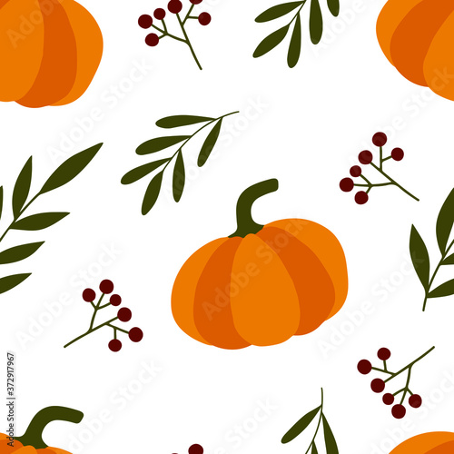 Autumn seamless pattern with pumpkins, leaves and berries. Fall illustration in flat style for wrapping, textile, scrapbooking, cards, posters and other fall design. 