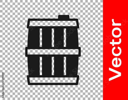 Black Wooden barrel icon isolated on transparent background. Alcohol barrel, drink container, wooden keg for beer, whiskey, wine. Vector.
