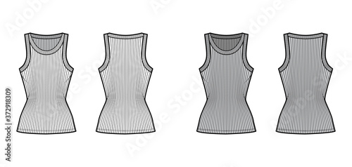 Ribbed cotton-jersey tank technical fashion illustration with wide scoop neck, fitted knit body tunic length. Flat camisole apparel template front back white grey color. Women men unisex shirt top CAD