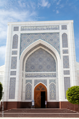 White mosque in Tashkent in the summer. Uzbekistan. View of the inside.Central part. Entrance. Apr 29, 2019