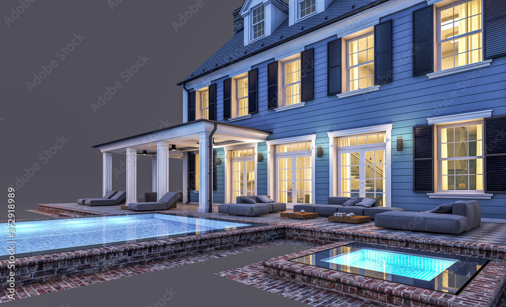 Obraz premium 3d rendering of modern cozy classic house in colonial style with garage and pool for sale or rent in night. Isolated on black.