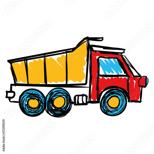 vector dump truck icon, drawing in children's style. isolated on a white background
