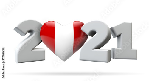 New year 2021 with peru flag heart. 3D Rendering