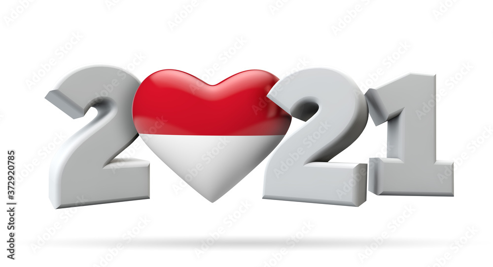 New year 2021 with indonesia flag heart. 3D Rendering New year 2021 with indonesia flag heart. 3D Rendering