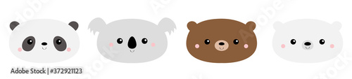 Cute bear face set. Koala, grizzly, panda, polar cub. Funny head. Kawaii cartoon character. Happy Valentines Day. Notebook cover, tshirt. Baby greeting card template. White background. Flat design.