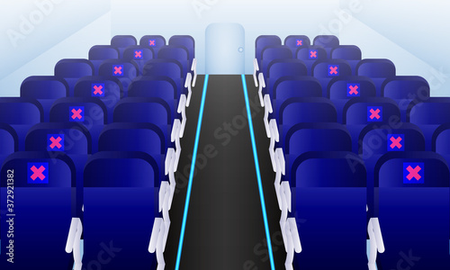 Social distancing protocol in plane. Safety protocol in travel. Blue chair on plane interior vector object.