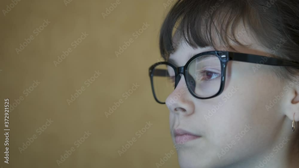 The child looks into the computer monitor. The child looks into the computer monitor.