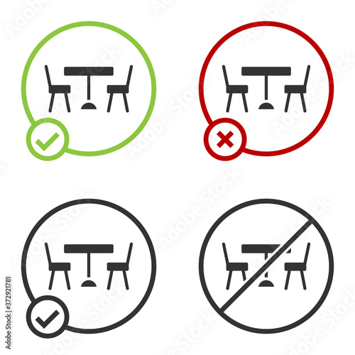 Black Picnic table with chairs on either side of the table icon isolated on white background. Circle button. Vector.