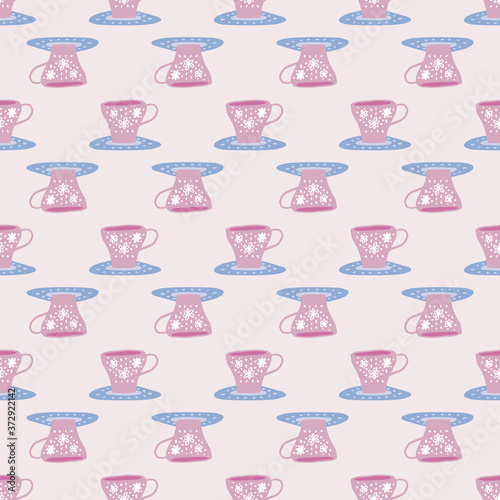 Seamless pattern with doodle cups and liquids. Pink and blue tone dishes with flower ornament. Pastel tone artwork.