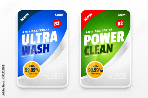 disinfectant and cleaner two labels template design concept