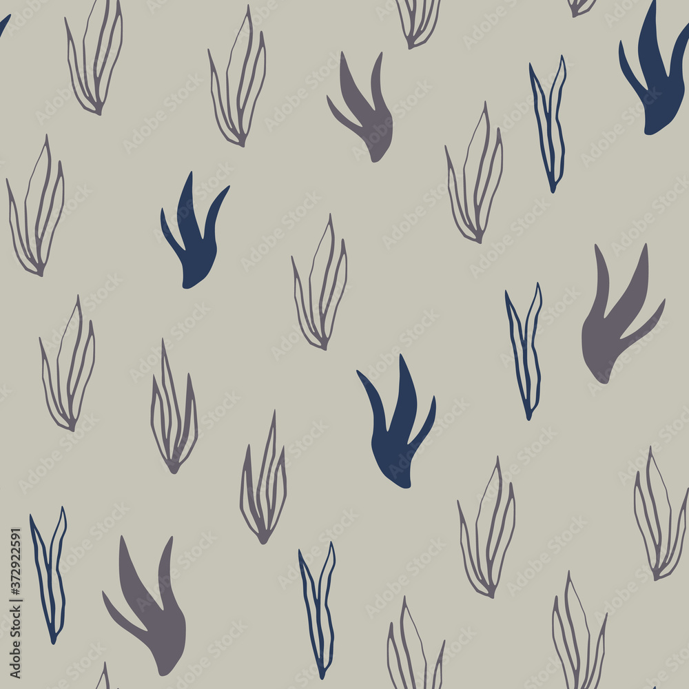 Outline seaweed silhouettes seamless marine pattern. Grey background with navy blue and dark contored underwater ornament.