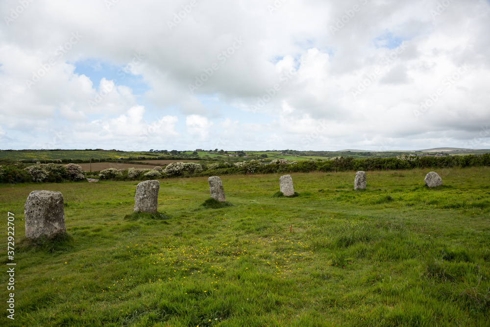 Prehistoric stone circle called the Merry Maidens near Penzance, Cornwall UK