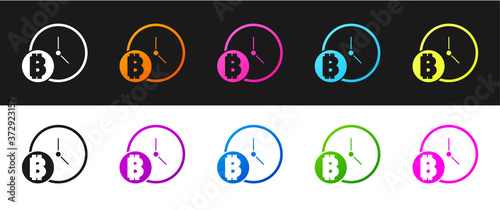 Set Cryptocurrency coin Bitcoin with clock icon isolated on black and white background. Physical bit coin. Blockchain based secure crypto currency. Vector.