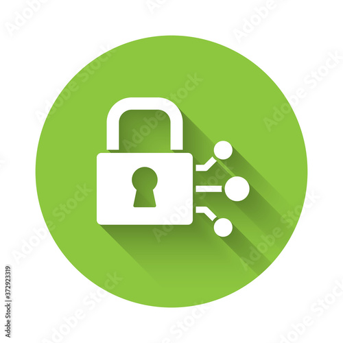 White Lock with bitcoin icon isolated with long shadow. Cryptocurrency mining, blockchain technology, security, protect, digital money. Green circle button. Vector.