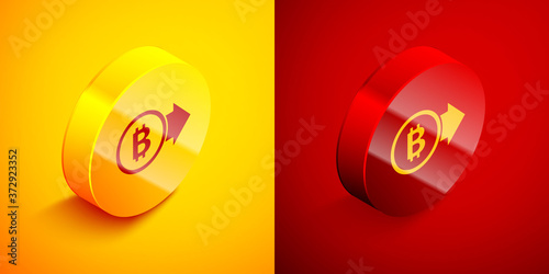 Isometric Cryptocurrency coin Bitcoin icon isolated on orange and red background. Physical bit coin. Blockchain based secure crypto currency. Circle button. Vector.
