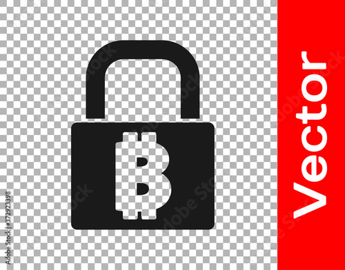 Black Lock with bitcoin icon isolated on transparent background. Cryptocurrency mining, blockchain technology, security, protect, digital money. Vector.