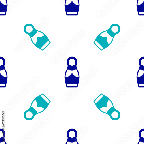 Blue Russian doll matryoshka icon isolated seamless pattern on white background. Vector.