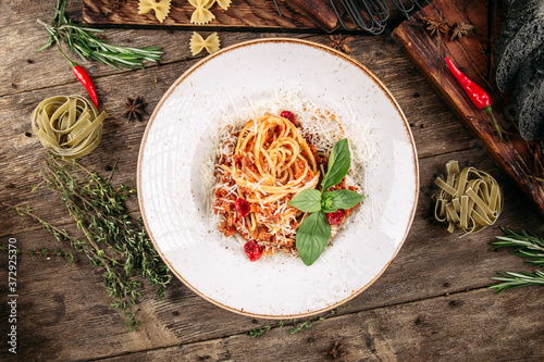 Top view on italian bolognese spaghetti  photo