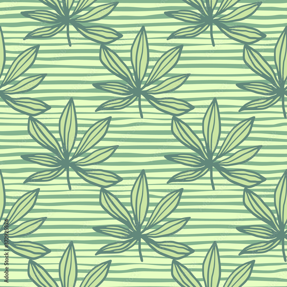 Outline ganja silhouettes seamless pattern. Green and yellow tones artwork with stripped background.