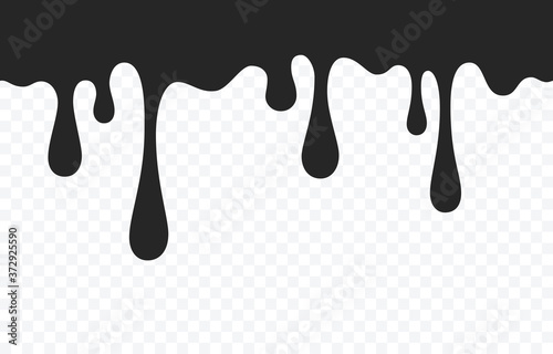 Drip of oil, sauce or paint isolated on transparent background. Black chocolate melt liquid splash border. Vector ink drip with drops seamless pattern photo