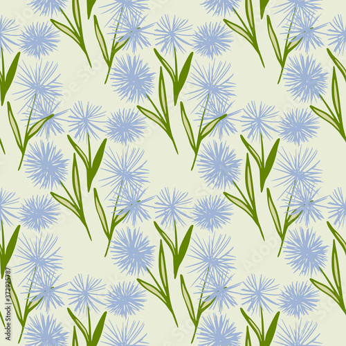 Abstract dandelion shapes seamless doodle pattern. Blue flowers with green leaves on light pastel background. Spring backdrop.