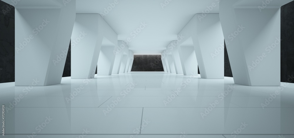 Obraz premium Abstract architectural minimalistic background. Contemporary showroom. Modern concrete exhibition tunnel. Empty gallery. Backlight. 3D illustration and rendering.