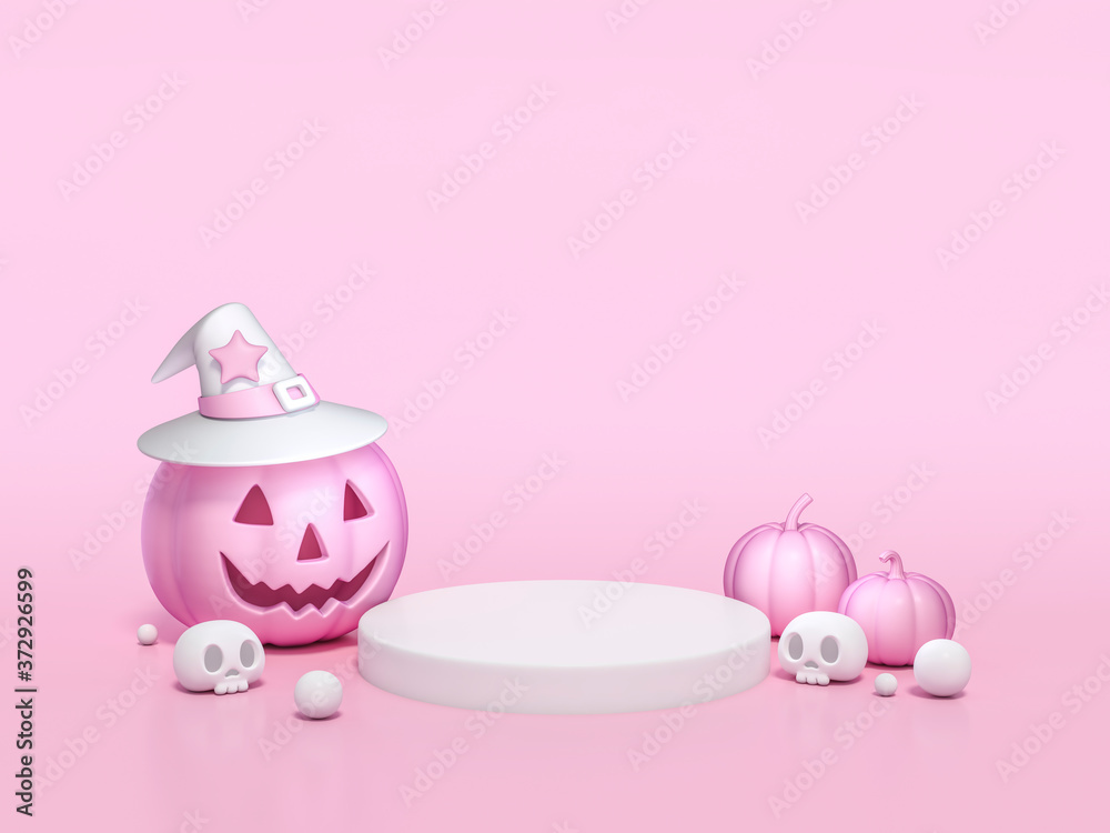 Pink Halloween pumpkin with white podium display stand on pink background 3d rendering. 3d illustration pumpkin for celebration luxury Halloween event template minimal style concept.