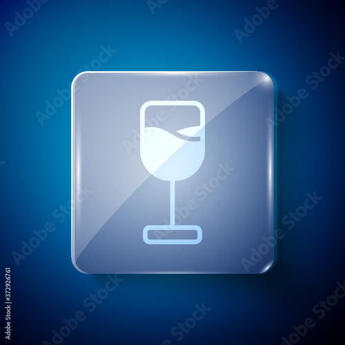 White Wine glass icon isolated on blue background. Wineglass icon. Goblet symbol. Glassware sign. Happy Easter. Square glass panels. Vector.