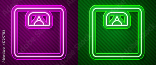 Glowing neon line Bathroom scales icon isolated on purple and green background. Weight measure Equipment. Weight Scale fitness sport concept. Vector Illustration.