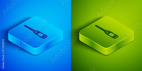 Isometric line Awl tool with wooden handle icon isolated on blue and green background. Work equipment tailor industry. Square button. Vector Illustration.