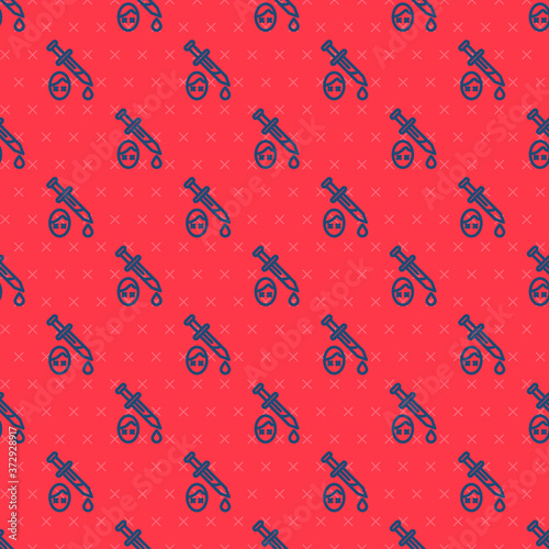 Blue line Sword with blood icon isolated seamless pattern on red background. Medieval weapons knight and soldier. Symbol of murder. Vector.