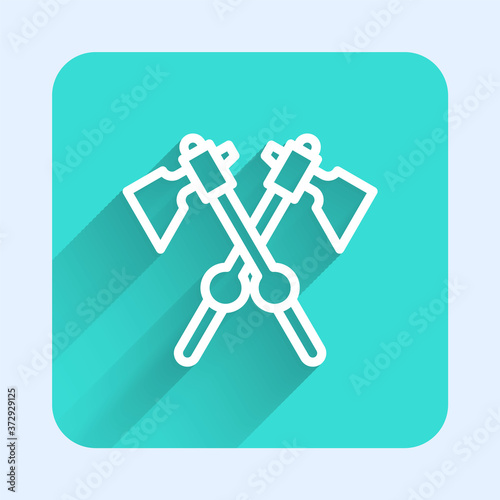 White line Crossed medieval axes icon isolated with long shadow. Battle axe, executioner axe. Medieval weapon. Green square button. Vector.