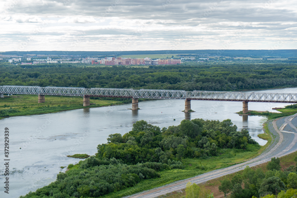 Fototapeta premium Railway bridge over the Belaya river in Ufa, Russia