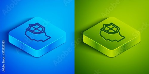 Isometric line Human head with shield icon isolated on blue and green background. Square button. Vector.