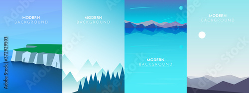 Mountains, Sea, Ocean, Rocks, Fjord, Abstract landscape set, Vector banners set with polygonal landscape illustration, Minimalist style, Flat design