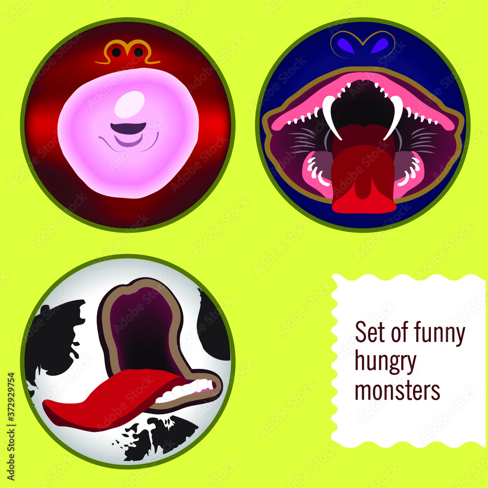 Set of funny faces of monsters. Set of design elements Set of funny faces of monsters. Set of design elements
