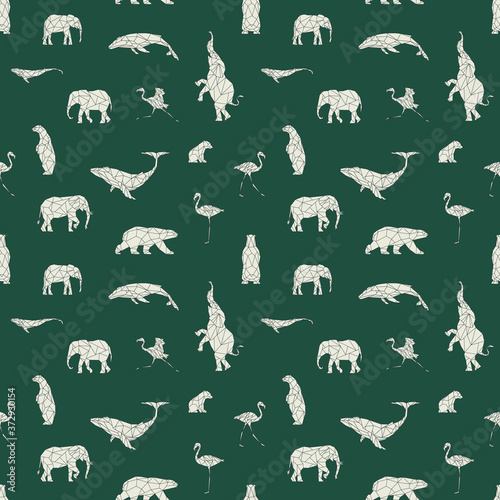 Seamless pattern with polygon animals. Low poly bear, flamingo, whale, elephant. Triangle graphic, origami style. Abstract geometric modern design. Vector illustration for fabric, printing, t-shirts