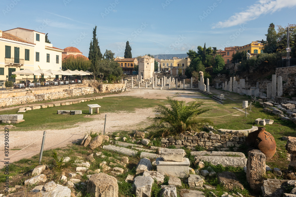 Remains of Roman Agora in the old town of Athens, Greece