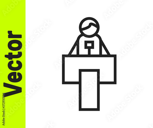 Black line Stage stand or debate podium rostrum icon isolated on white background. Conference speech tribune. Vector.
