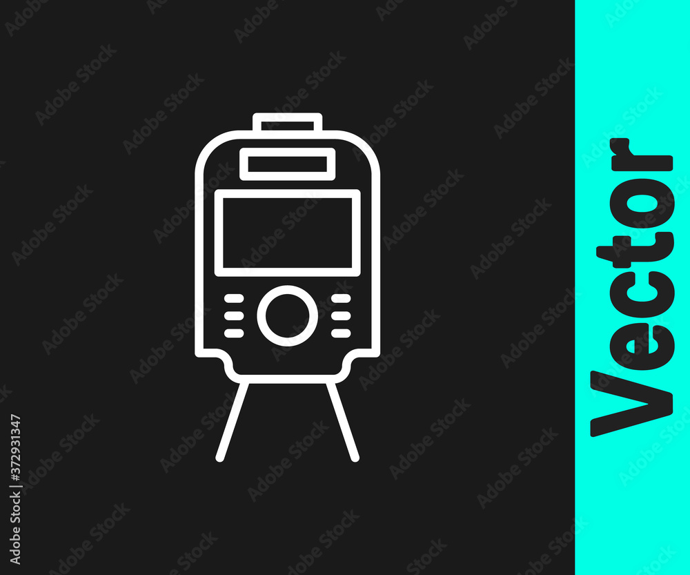 White line Tram and railway icon isolated on black background. Public transportation symbol. Vector. White line Tram and railway icon isolated on black background. Public transportation symbol. Vector.