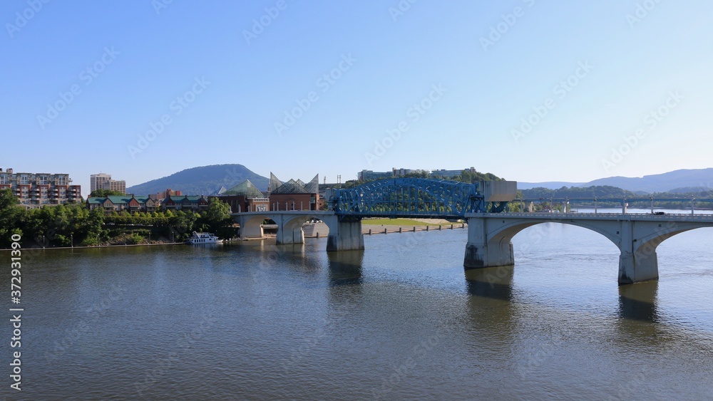 Chattanooga, Tennessee, United States. The Market Street Bridge, officially referred to as the John Ross Bridge and the city in background.