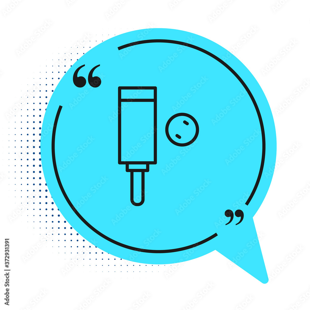 Black line Wood cricket bat and ball icon isolated on white background. Blue speech bubble symbol. Vector. Black line Wood cricket bat and ball icon isolated on white background. Blue speech bubble symbol. Vector.