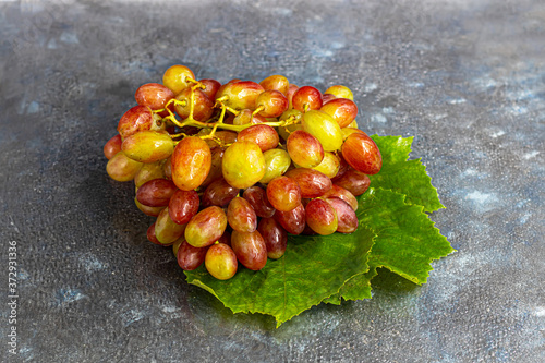 Large and light, wine grapes. It is covered with a white coating called yeast. With their help, wine is obtained. Water drops on berries. On a gray background. photo