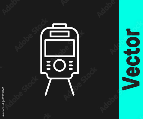 White line Tram and railway icon isolated on black background. Public transportation symbol. Vector.