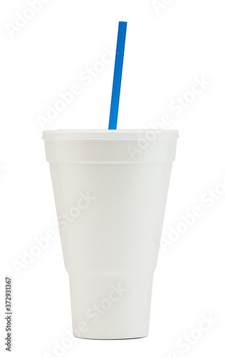 White Styrofoam Soda Fountain Drink Cup with a Blue Straw