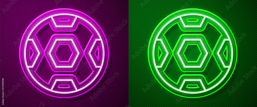Glowing neon line Football ball icon isolated on purple and green background. Soccer ball. Sport equipment. Vector. Glowing neon line Football ball icon isolated on purple and green background. Soccer ball. Sport equipment. Vector.
