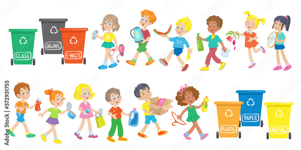 A group of happy children of different nationalities collects all kinds of waste in different colored trash cans. Waste sorting. Vector illustration in cartoon style. Isolated on white. A group of happy children of different nationalities collects all kinds of waste in different colored trash cans. Waste sorting. Vector illustration in cartoon style. Isolated on white.