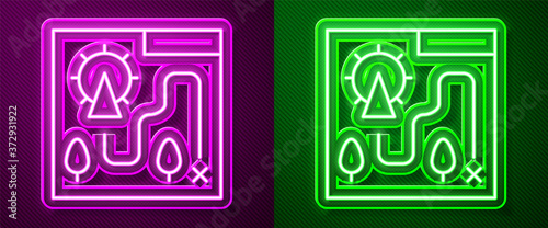 Glowing neon line Amusement park map icon isolated on purple and green background. Entertainment in vacation. Vector.